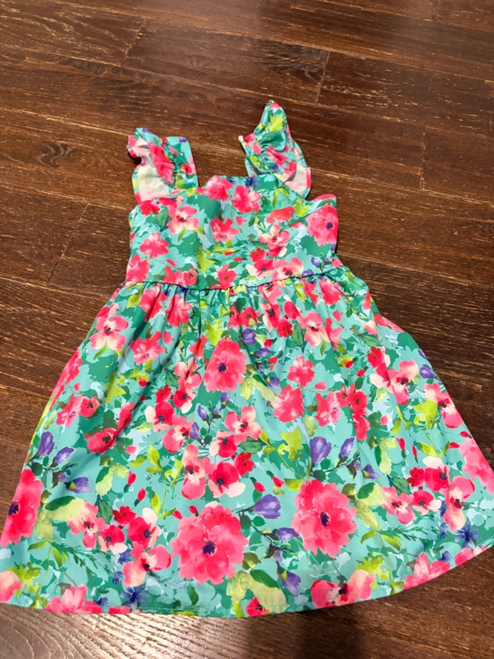 Girls' Aqua Floral Ruffle Strap Dress